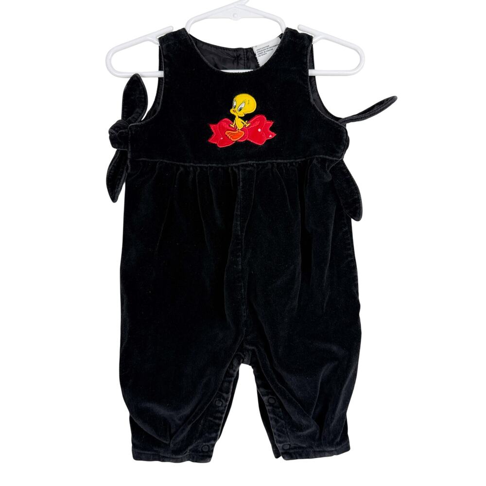 Vintage 90s Tweety Bird Black Romper Velvet Warner Bros - 3-6 Months